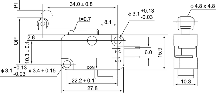 MSV\103C Микро-выключатель ролик на длинном рычажке - Размеры